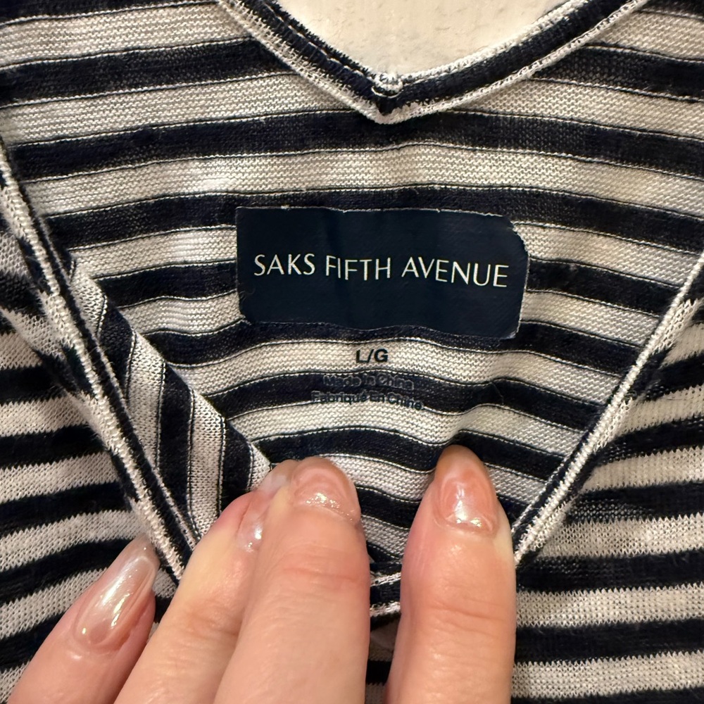 Saks Fifth Avenue Navy & White Striped Knit Asymmetrical 100% Linen Tank Dress